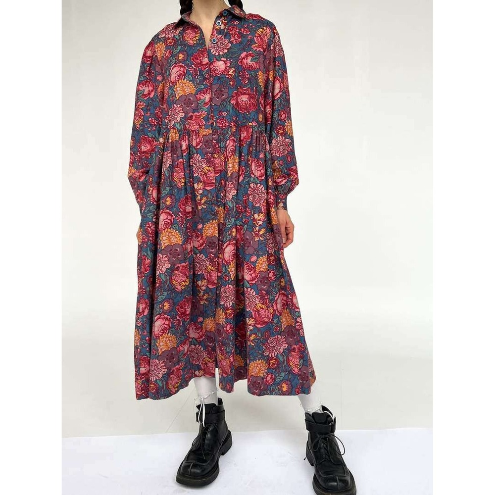 Laura Ashley Floral A Line Dress Blue Pink Cottagecore Midi Art To Wear 10